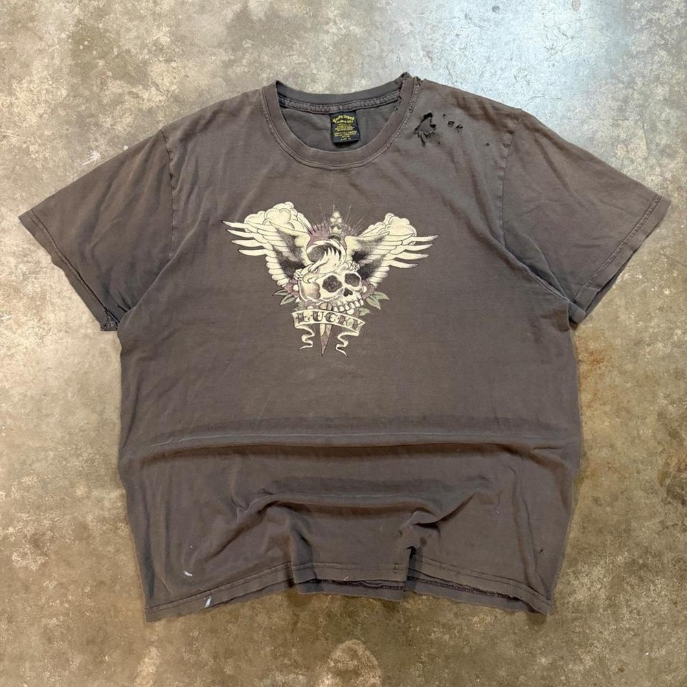 Vintage Lucky Brand Tattoo Graphic Tee Mens XL Faded Distressed Skull 90s Gray